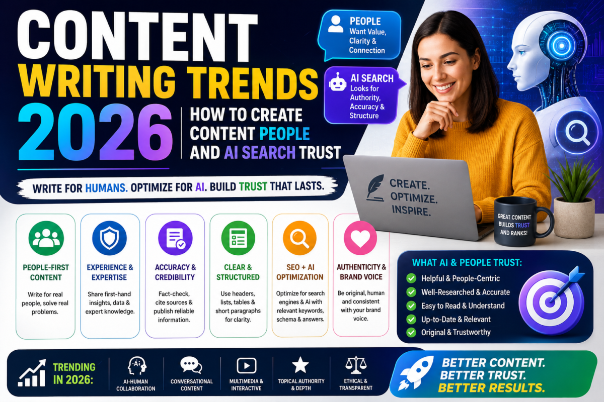 Content Writing Trends 2026 showing people-first content, AI search optimization, SEO writing, EEAT, authentic content creation, and content marketing best practices.