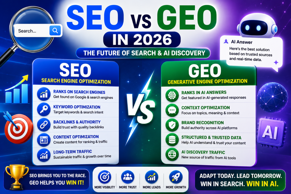 SEO vs GEO in 2026 comparison showing Search Engine Optimization versus Generative Engine Optimization, AI search, Google rankings, and digital marketing strategies.