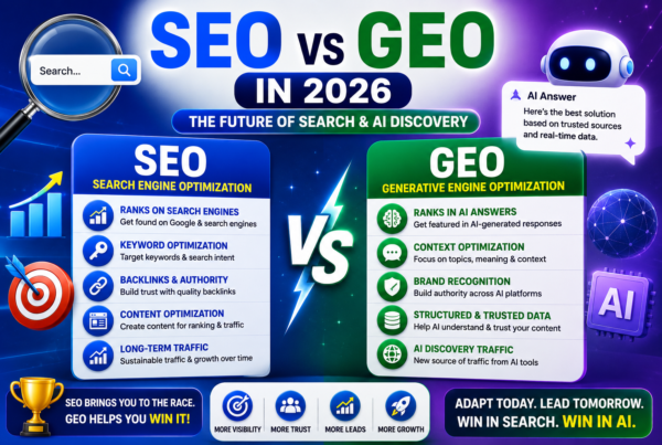 SEO vs GEO in 2026 comparison showing Search Engine Optimization versus Generative Engine Optimization, AI search, Google rankings, and digital marketing strategies.