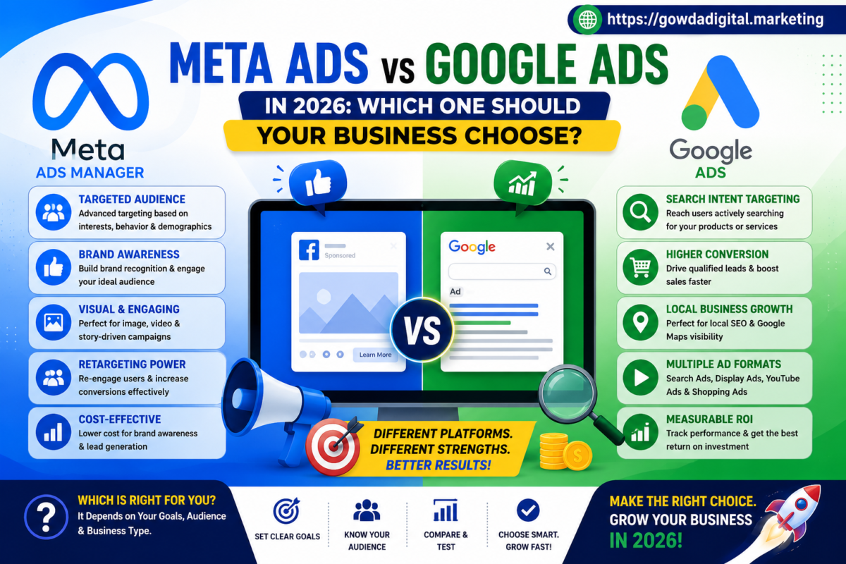 Meta Ads vs Google Ads in 2026 comparison showing audience targeting, conversions, ROI, lead generation and advertising benefits