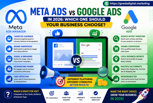 Meta Ads vs Google Ads in 2026 comparison showing audience targeting, conversions, ROI, lead generation and advertising benefits