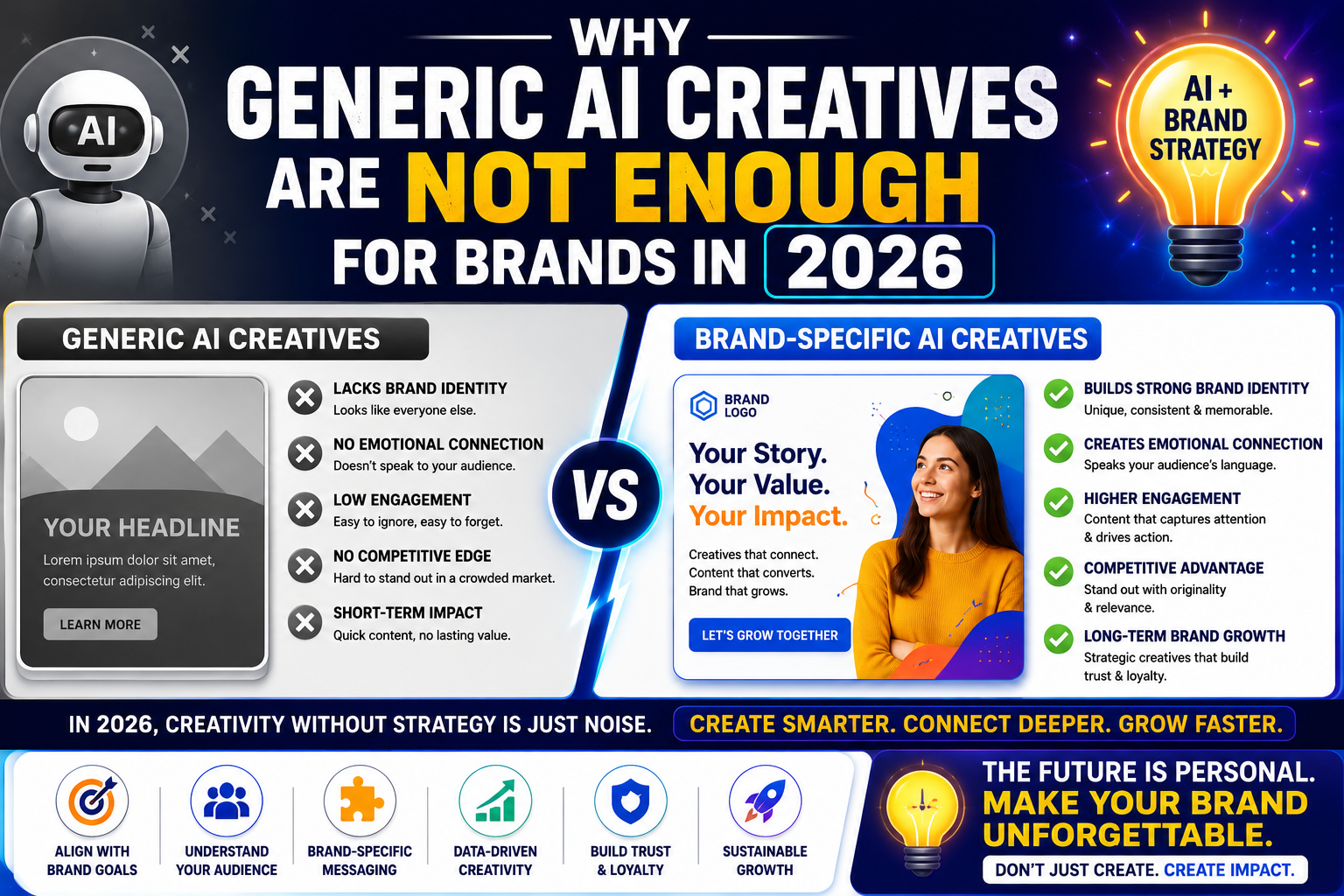 Why Generic AI Creatives Are Not Enough for Brands in 2026 infographic comparing generic AI content with brand-specific AI creatives for better engagement and business growth.