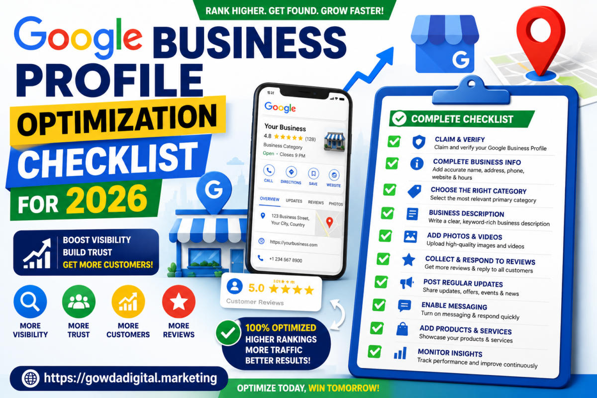 Google Business Profile Optimization Checklist for 2026 showing local SEO optimization, Google Maps ranking, customer reviews and business profile improvements