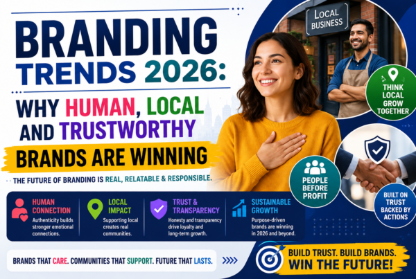 Branding Trends 2026 infographic showing why human, local, and trustworthy brands are winning through authenticity, transparency, customer trust, and community engagement.