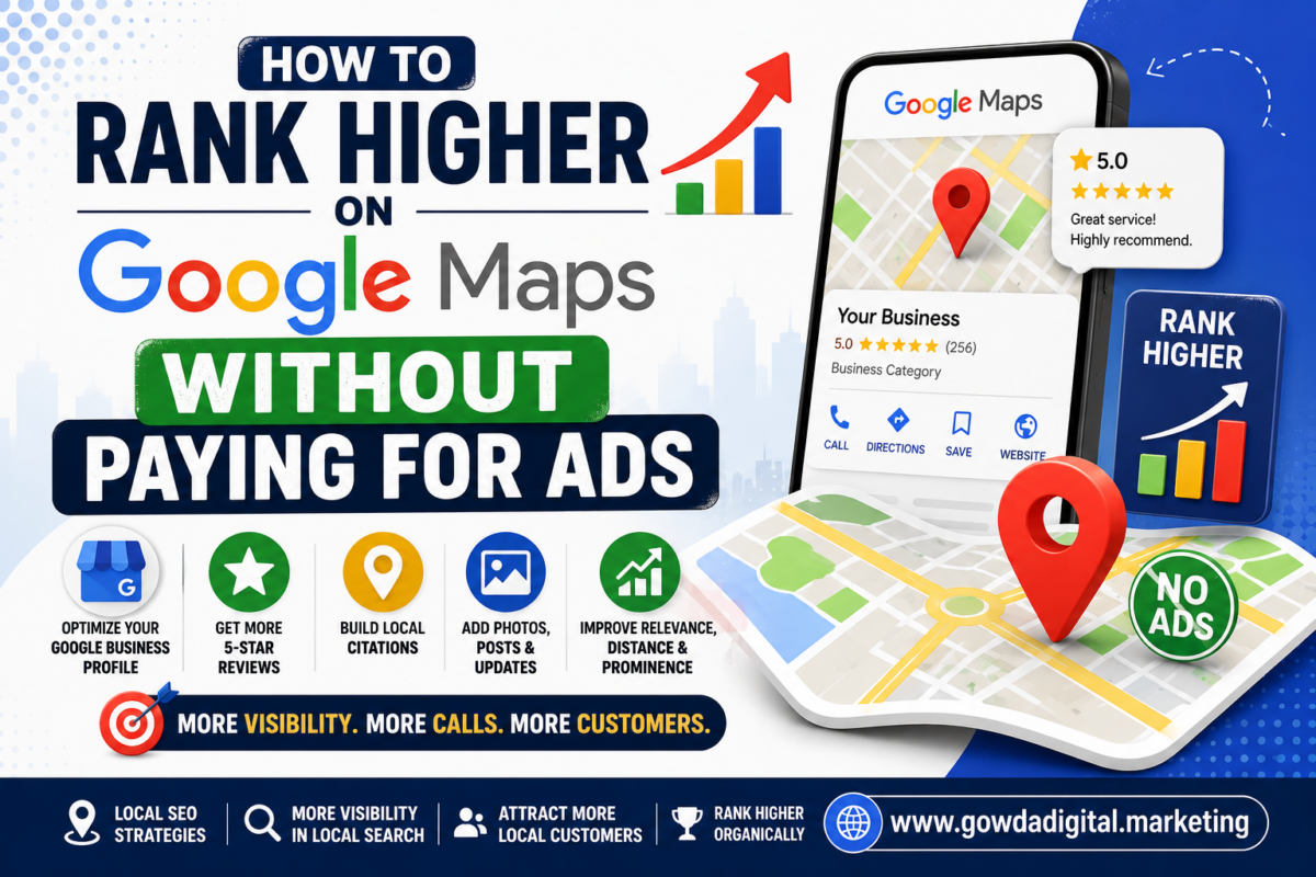 Illustration explaining how to rank higher on Google Maps without paying for ads using Google Business Profile optimization, reviews, local SEO, and citations.