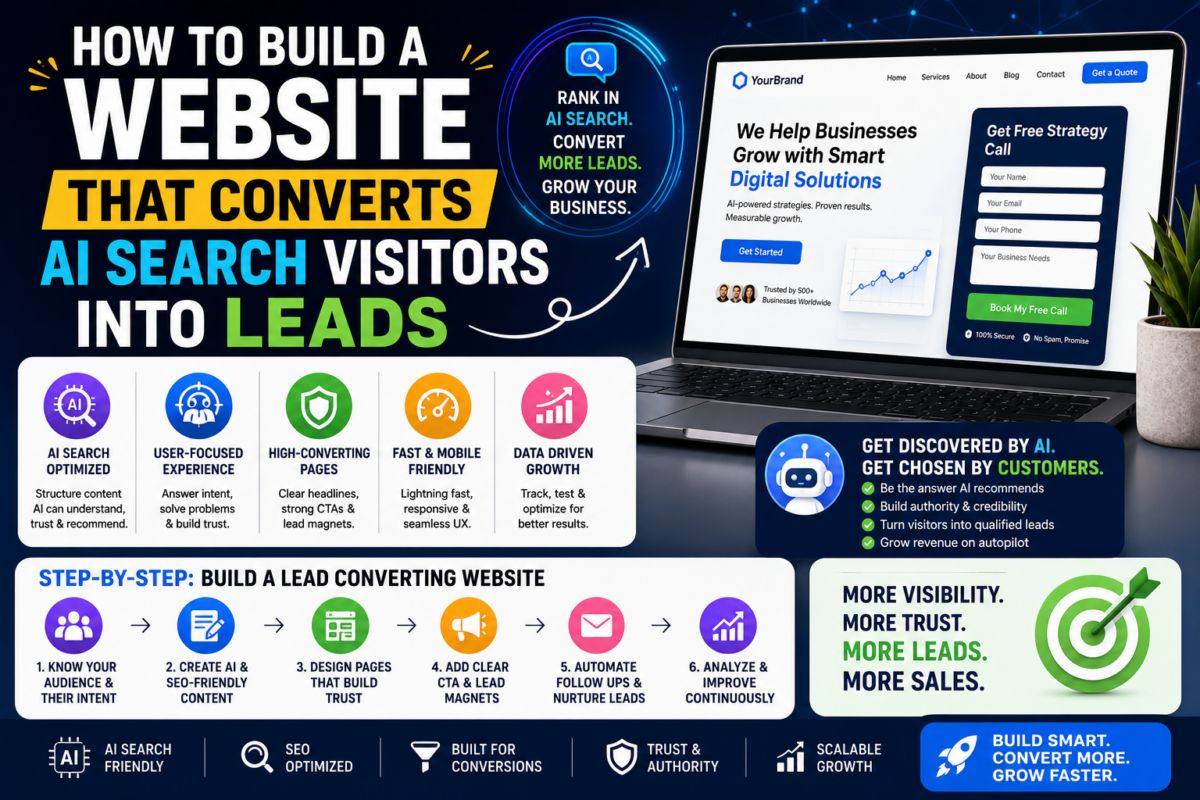 Website that converts AI search visitors into leads using AI SEO, GEO optimization, high-converting landing pages, trust signals, user experience, and lead generation strategies.