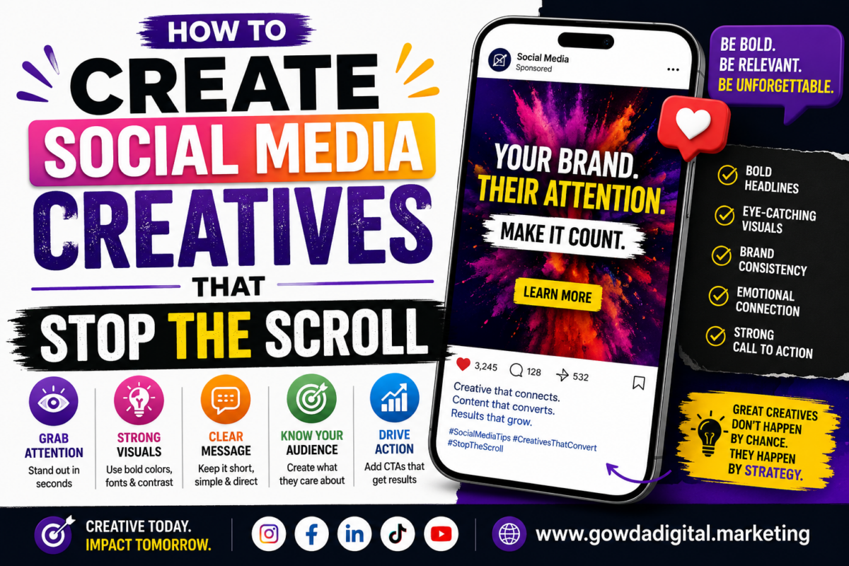 Colorful infographic explaining how to create social media creatives that stop the scroll using bold headlines, eye-catching visuals, clear messaging, and strong calls to action.