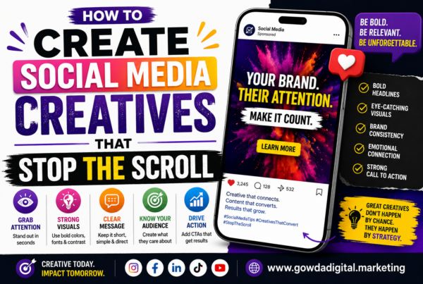 Colorful infographic explaining how to create social media creatives that stop the scroll using bold headlines, eye-catching visuals, clear messaging, and strong calls to action.