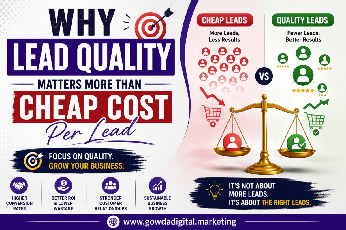 Why lead quality matters more than cheap cost per lead infographic comparing quality leads and low-cost leads.