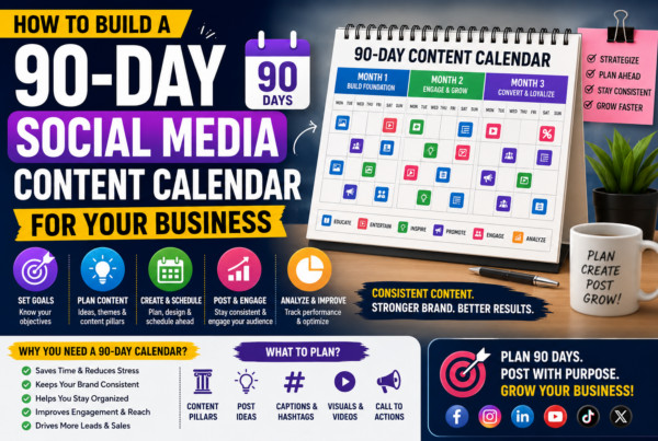 90-Day Social Media Content Calendar infographic showing content planning, scheduling, engagement strategy, analytics, and business growth using social media marketing.